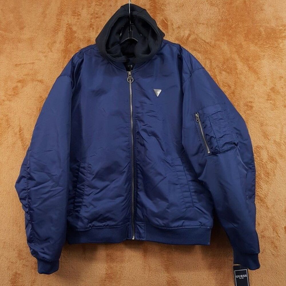 GUESS Bomber Jacket Mens XL Navy Blue Hooded Zip Up Lined Removable Hood